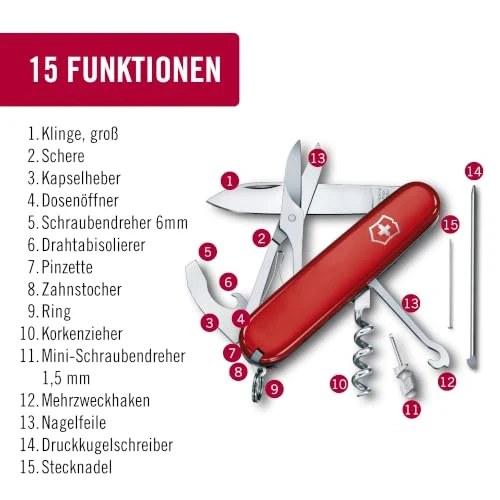 Victorinox Schweizer Taschenmesser Compact, 15 Funktionen, Swiss Made, Multitool Inkl. Klinge, Mini-Schraubendreher, Kapselheber, Rot