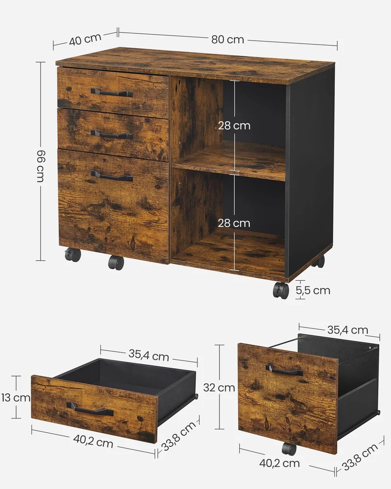 VASAGLE Rollcontainer, Aktenschrank, mit 3 Schubladen und Rollen