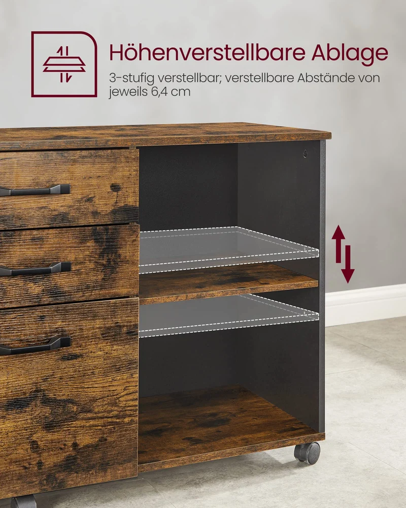 VASAGLE Rollcontainer, Aktenschrank, mit 3 Schubladen und Rollen