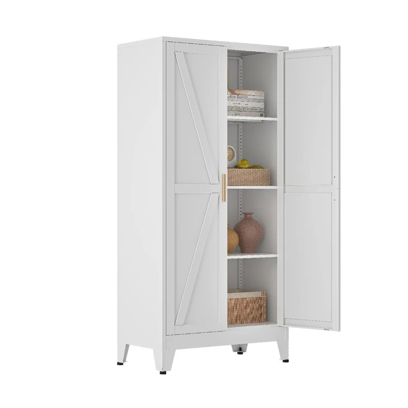 Mehrzweckschrank 70 cm Breit, Küchenschrank mit 2 Türen, Verstellbarer 4-Stufiger Metallschrank, Vorratsschrank, Allzweckschrank, für Küche, Esszimmer, Wohnzimmer und Homeoffice-Weiß-A