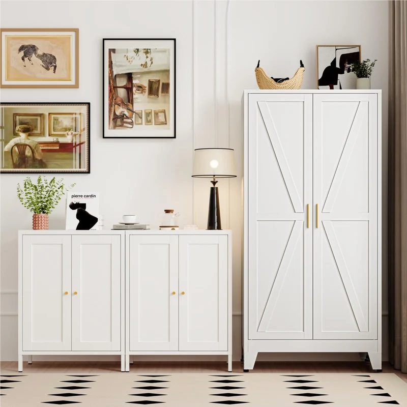 Mehrzweckschrank 70 cm Breit, Küchenschrank mit 2 Türen, Verstellbarer 4-Stufiger Metallschrank, Vorratsschrank, Allzweckschrank, für Küche, Esszimmer, Wohnzimmer und Homeoffice-Weiß-A