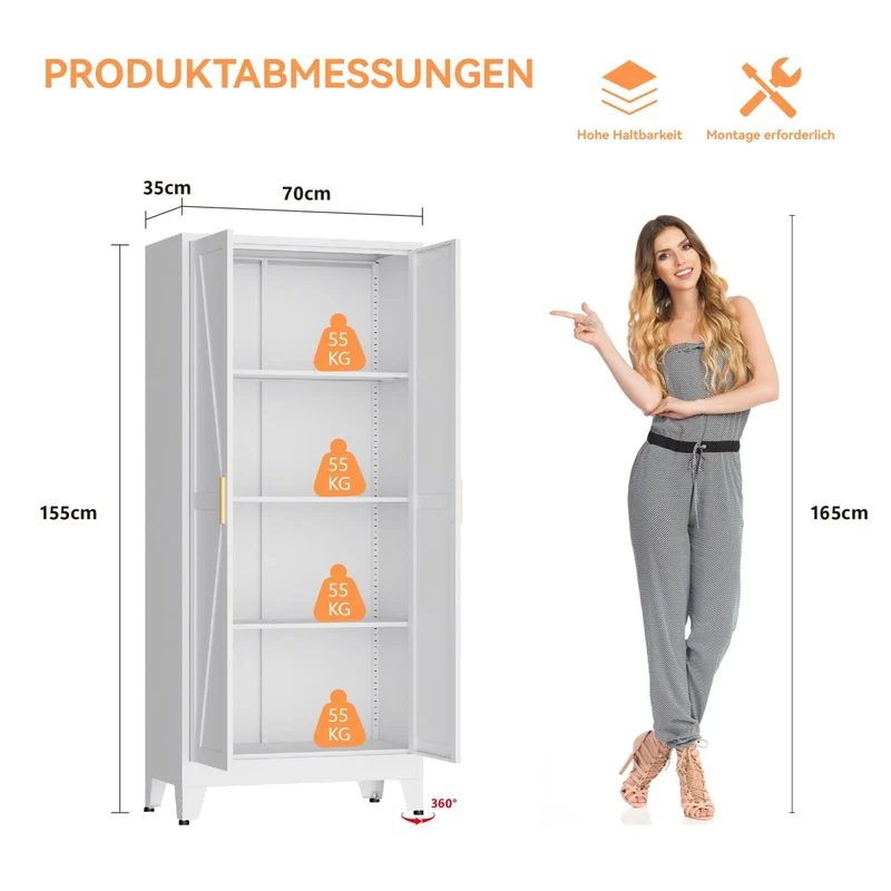 Mehrzweckschrank 70 cm Breit, Küchenschrank mit 2 Türen, Verstellbarer 4-Stufiger Metallschrank, Vorratsschrank, Allzweckschrank, für Küche, Esszimmer, Wohnzimmer und Homeoffice-Weiß-A