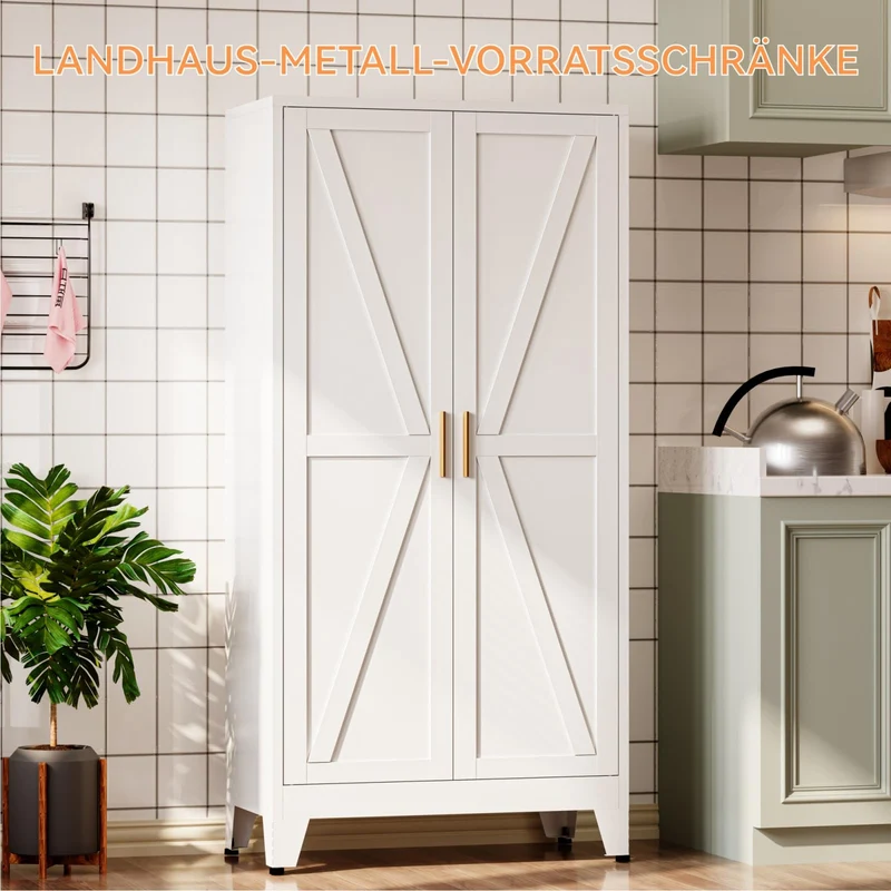 Mehrzweckschrank 70 cm Breit, Küchenschrank mit 2 Türen, Verstellbarer 4-Stufiger Metallschrank, Vorratsschrank, Allzweckschrank, für Küche, Esszimmer, Wohnzimmer und Homeoffice-Weiß-A