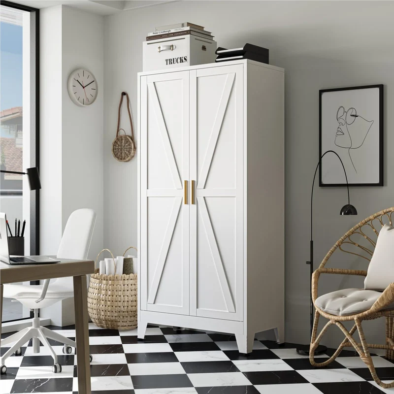 Mehrzweckschrank 70 cm Breit, Küchenschrank mit 2 Türen, Verstellbarer 4-Stufiger Metallschrank, Vorratsschrank, Allzweckschrank, für Küche, Esszimmer, Wohnzimmer und Homeoffice-Weiß-A