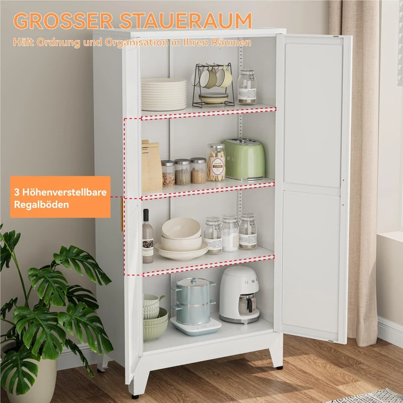 Mehrzweckschrank 70 cm Breit, Küchenschrank mit 2 Türen, Verstellbarer 4-Stufiger Metallschrank, Vorratsschrank, Allzweckschrank, für Küche, Esszimmer, Wohnzimmer und Homeoffice-Weiß-A