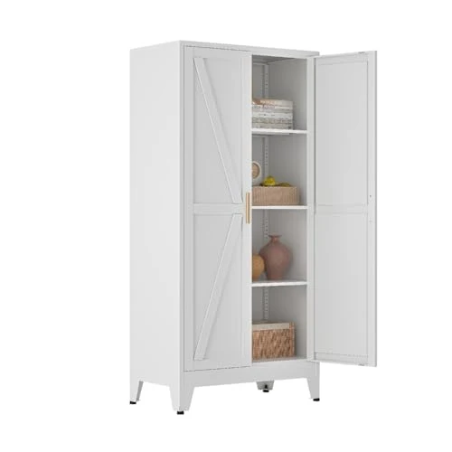 Mehrzweckschrank 70 cm Breit, Küchenschrank mit 2 Türen, Verstellbarer 4-Stufiger Metallschrank, Vorratsschrank, Allzweckschrank, für Küche, Esszimmer, Wohnzimmer und Homeoffice-Weiß-A