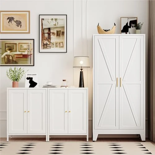 Mehrzweckschrank 70 cm Breit, Küchenschrank mit 2 Türen, Verstellbarer 4-Stufiger Metallschrank, Vorratsschrank, Allzweckschrank, für Küche, Esszimmer, Wohnzimmer und Homeoffice-Weiß-A