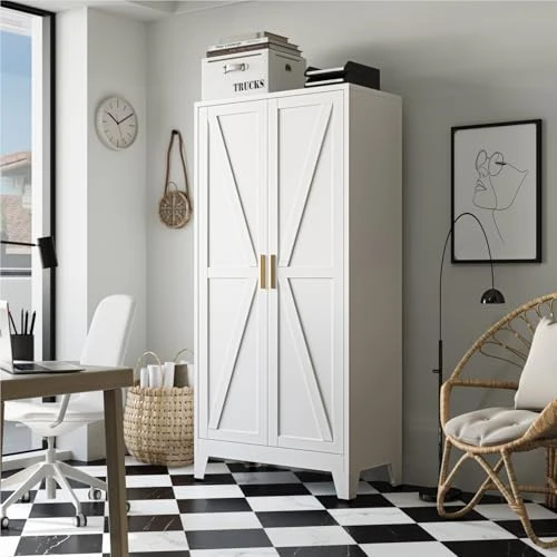 Mehrzweckschrank 70 cm Breit, Küchenschrank mit 2 Türen, Verstellbarer 4-Stufiger Metallschrank, Vorratsschrank, Allzweckschrank, für Küche, Esszimmer, Wohnzimmer und Homeoffice-Weiß-A