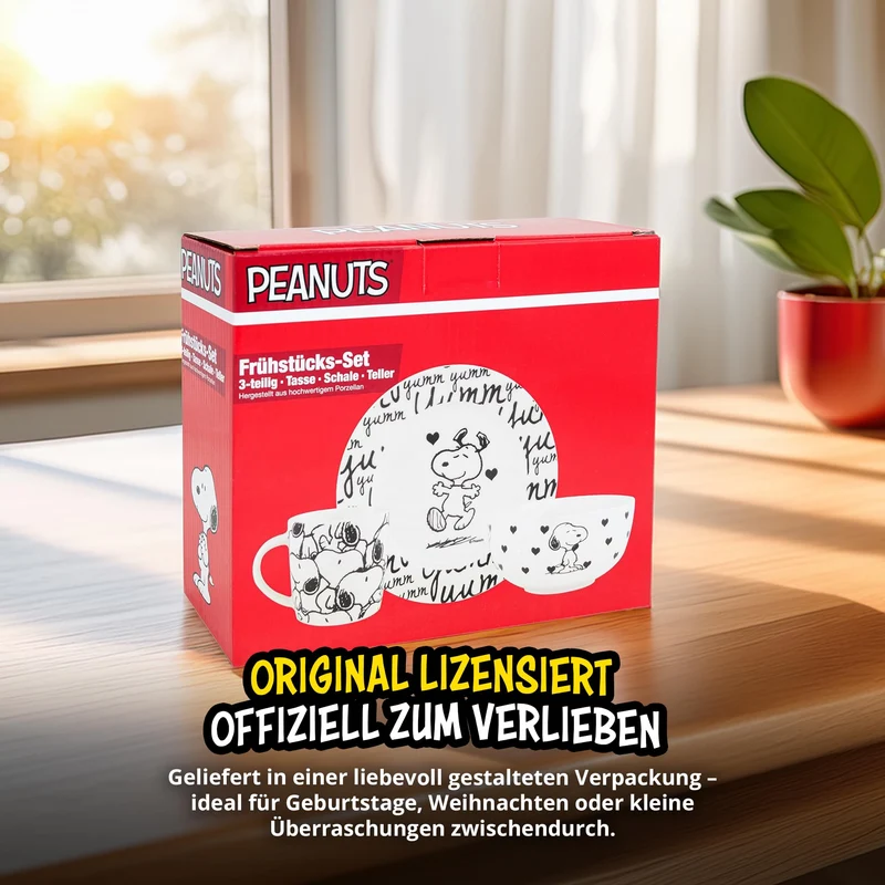 United Labels Snoopy Frühstücksset Kinder, Snoopy yumm, Geschirr Set Porzellan, 3-teilig mit Teller, Schale und Tasse, spülmaschinenfest und mikrowellengeeignet