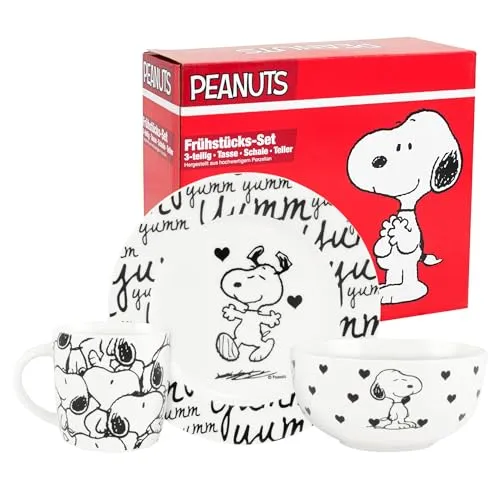 United Labels Snoopy Frühstücksset Kinder, Snoopy yumm, Geschirr Set Porzellan, 3-teilig mit Teller, Schale und Tasse, spülmaschinenfest und mikrowellengeeignet