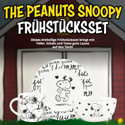 United Labels Snoopy Frühstücksset Kinder, Snoopy yumm, Geschirr Set Porzellan, 3-teilig mit Teller, Schale und Tasse, spülmaschinenfest und mikrowellengeeignet
