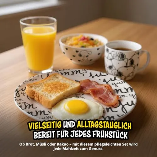 United Labels Snoopy Frühstücksset Kinder, Snoopy yumm, Geschirr Set Porzellan, 3-teilig mit Teller, Schale und Tasse, spülmaschinenfest und mikrowellengeeignet