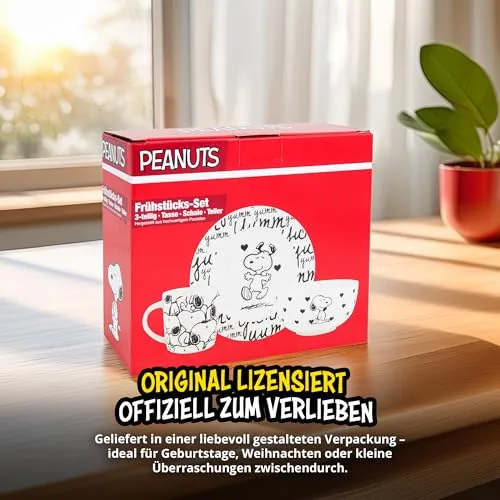 United Labels Snoopy Frühstücksset Kinder, Snoopy yumm, Geschirr Set Porzellan, 3-teilig mit Teller, Schale und Tasse, spülmaschinenfest und mikrowellengeeignet