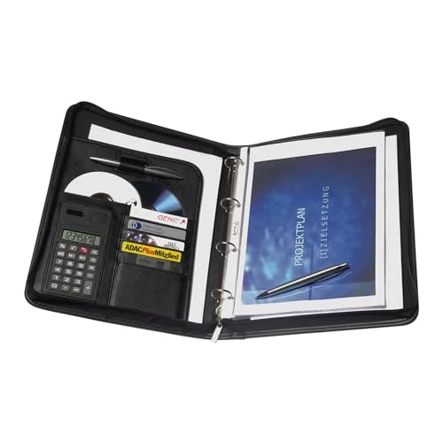 Genie Exclusiv A4 Schreibmappe mit Ringbuch, Taschenrechner, Reißverschluss, inkl. A4-Schreibblock, Lederoptik schwarz