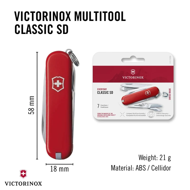 Victorinox Schweizer Taschenmesser, Klein, Classic SD, Multitool, Swiss Army Knife, Geschenk, 7 Funktionen, Klinge, Nagelfeile