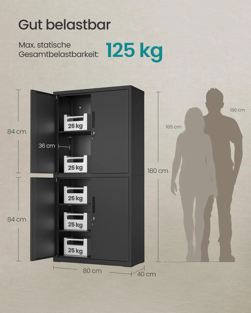 SONGMICS Aktenschrank, mit 4 Türen und 5 Ebenen, 80,1 x 40,2 x 180 cm