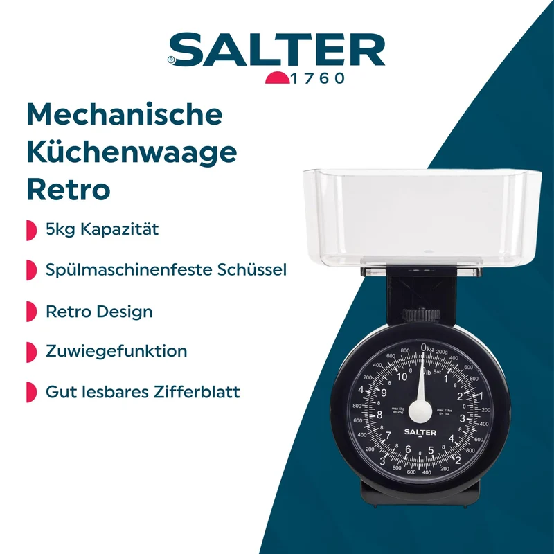 Salter Küchenwaage Analog 5kg, Mechanische Küchenwaage mit Schüssel, Waage Küchenwaage Retro Design, Spülmaschinenfeste Backwaage mit Zuwiegefunktion, Gut Lesbares Zifferblatt