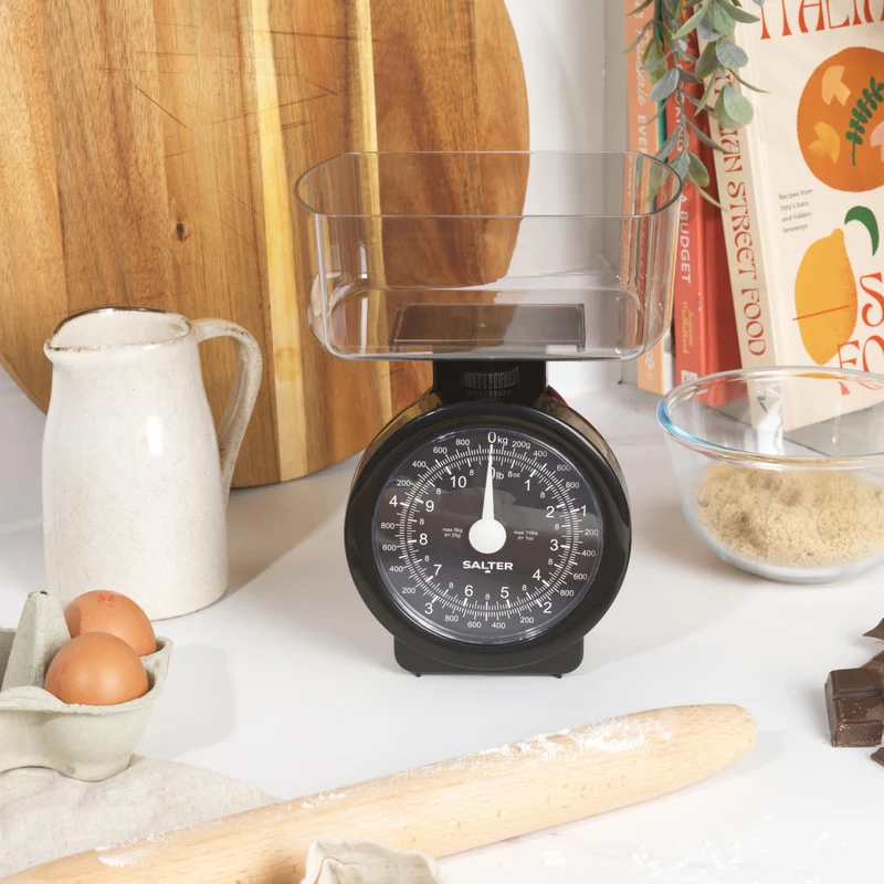 Salter Küchenwaage Analog 5kg, Mechanische Küchenwaage mit Schüssel, Waage Küchenwaage Retro Design, Spülmaschinenfeste Backwaage mit Zuwiegefunktion, Gut Lesbares Zifferblatt