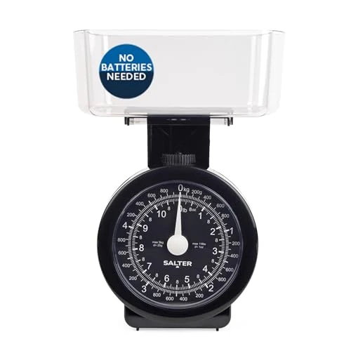 Salter Küchenwaage Analog 5kg, Mechanische Küchenwaage mit Schüssel, Waage Küchenwaage Retro Design, Spülmaschinenfeste Backwaage mit Zuwiegefunktion, Gut Lesbares Zifferblatt