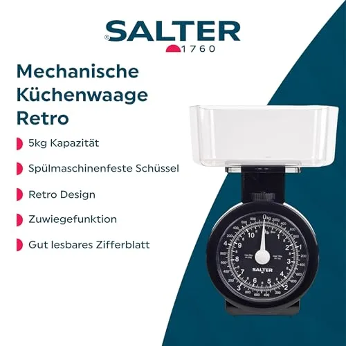 Salter Küchenwaage Analog 5kg, Mechanische Küchenwaage mit Schüssel, Waage Küchenwaage Retro Design, Spülmaschinenfeste Backwaage mit Zuwiegefunktion, Gut Lesbares Zifferblatt