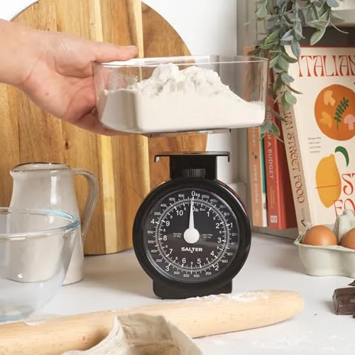 Salter Küchenwaage Analog 5kg, Mechanische Küchenwaage mit Schüssel, Waage Küchenwaage Retro Design, Spülmaschinenfeste Backwaage mit Zuwiegefunktion, Gut Lesbares Zifferblatt