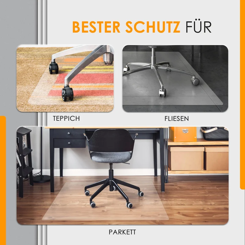 Bodenschutzmatte - Robuste Bürostuhlunterlage für Hartböden, rutschfest und Einfach zu Reinigen, Verschiedene Größen - Made in Germany (90x120cm)