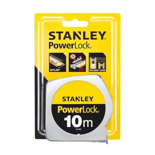 STANLEY Maßband Bandmaß Powerlock (Kunststoffgehäuse, Maßband 10 m Länge, 25 mm Breite, metrische Skalierung, Gürtelclip) 1-33-442