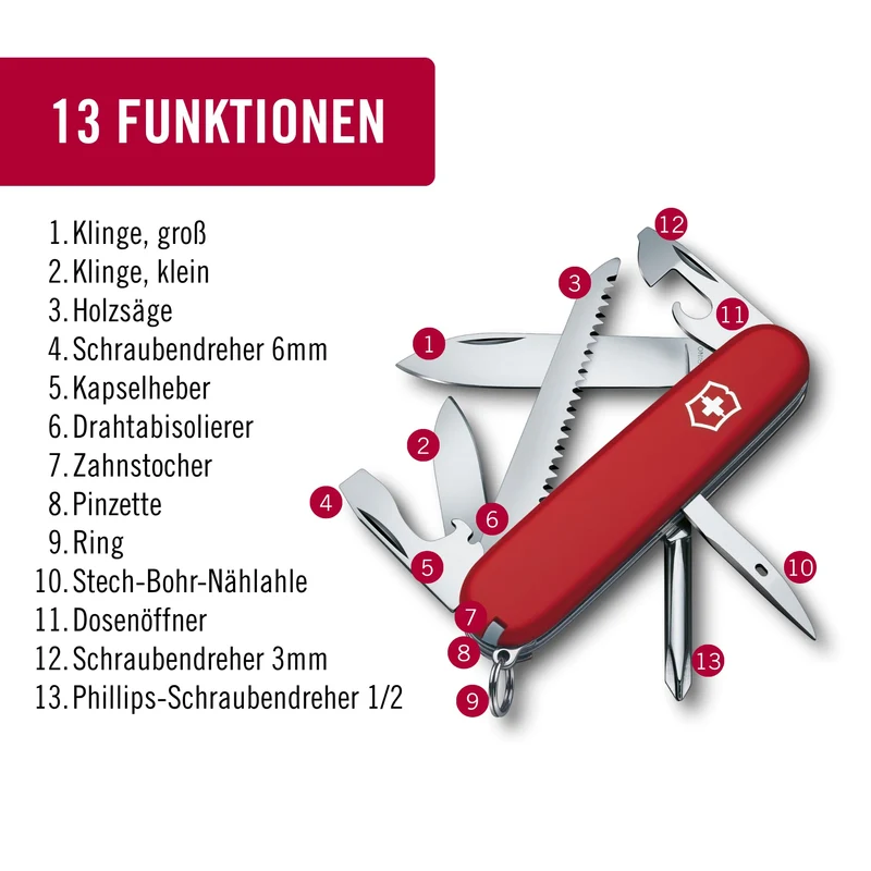 Victorinox Schweizer Taschenmesser Hiker Multitool, 13 Funktionen, Rot