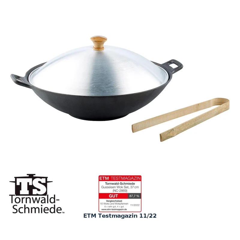 Tornwald-Schmiede Wokpfanne: Gusseisen Wok Set, 37cm (Wok Pfanne Gusseisen, Kochtopf, Topf)