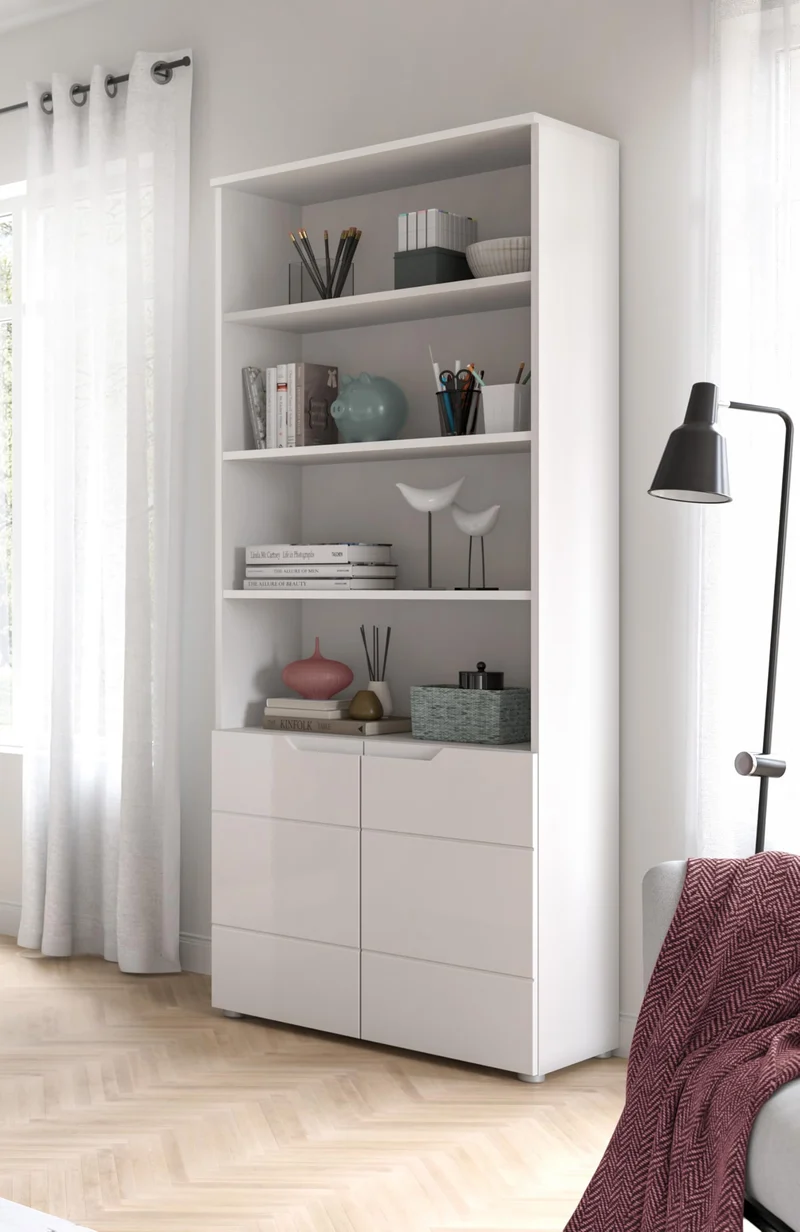 xonox.home Homeoffice Solero Büroschrank Stauraumregal Büro-Aufbewahrung Dokumentenschrank Büromöbel in Front weiß Hochglanz tiefzieh Korpus weiß, , ca.76x193x37 cm