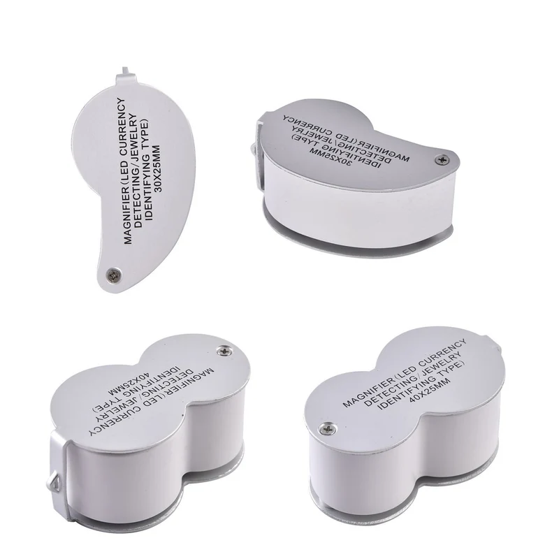 2er Set Schmucklupen mit LED- und UV Licht, 40x und 30x Linse, 6.5x3.3x2.7cm, Silber