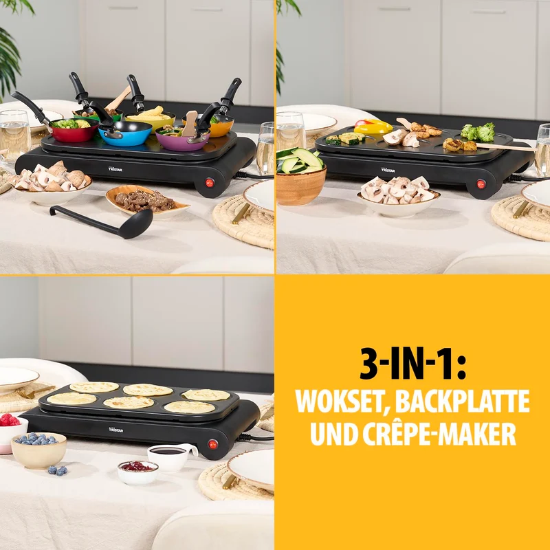 Tristar BP-2827 Wok-Set für 6 Personen, 1000 W – Multifunktionaler Elektrogrill mit farbigen Pfännchen, Pancake-Formen und Antihaftbeschichtung, ideal für Familienabende und Partys