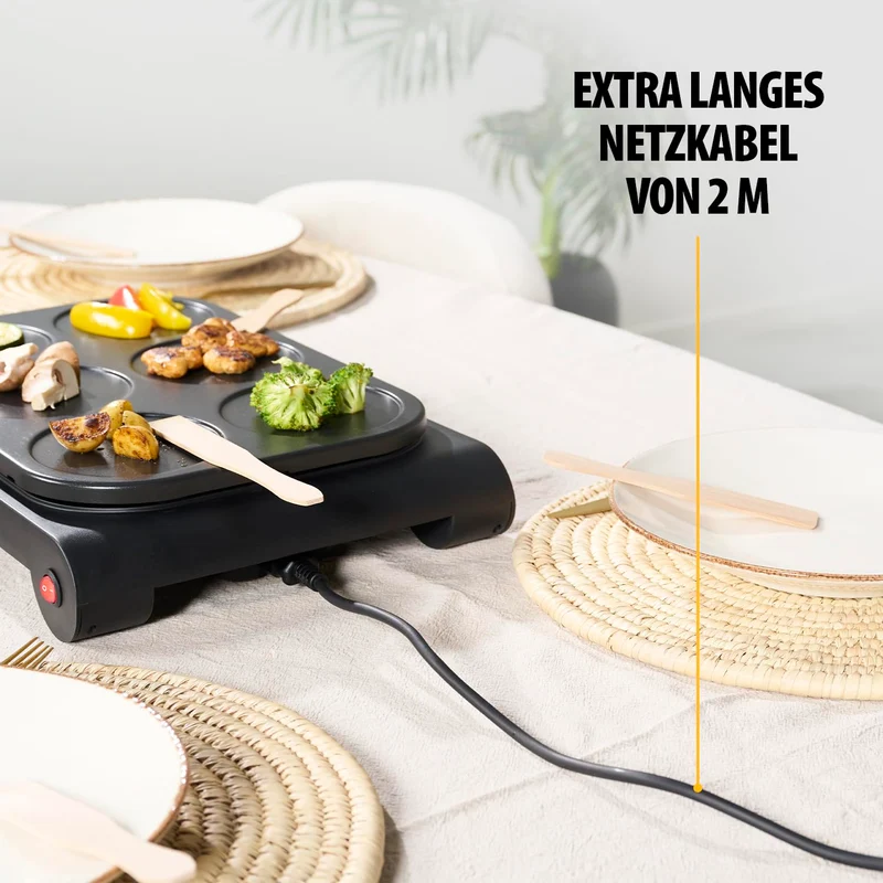 Tristar BP-2827 Wok-Set für 6 Personen, 1000 W – Multifunktionaler Elektrogrill mit farbigen Pfännchen, Pancake-Formen und Antihaftbeschichtung, ideal für Familienabende und Partys