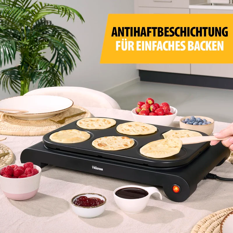 Tristar BP-2827 Wok-Set für 6 Personen, 1000 W – Multifunktionaler Elektrogrill mit farbigen Pfännchen, Pancake-Formen und Antihaftbeschichtung, ideal für Familienabende und Partys