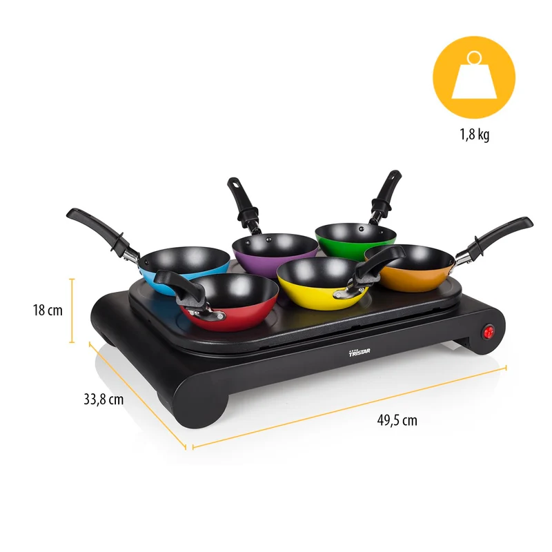 Tristar BP-2827 Wok-Set für 6 Personen, 1000 W – Multifunktionaler Elektrogrill mit farbigen Pfännchen, Pancake-Formen und Antihaftbeschichtung, ideal für Familienabende und Partys