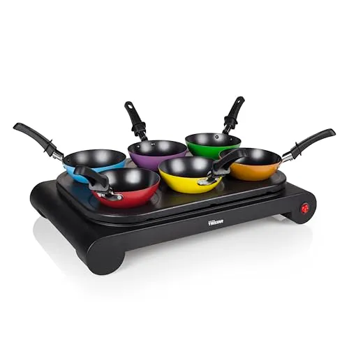 Tristar BP-2827 Wok-Set für 6 Personen, 1000 W – Multifunktionaler Elektrogrill mit farbigen Pfännchen, Pancake-Formen und Antihaftbeschichtung, ideal für Familienabende und Partys