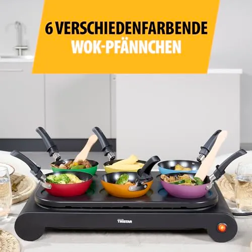 Tristar BP-2827 Wok-Set für 6 Personen, 1000 W – Multifunktionaler Elektrogrill mit farbigen Pfännchen, Pancake-Formen und Antihaftbeschichtung, ideal für Familienabende und Partys