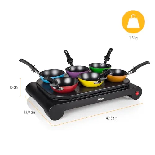 Tristar BP-2827 Wok-Set für 6 Personen, 1000 W – Multifunktionaler Elektrogrill mit farbigen Pfännchen, Pancake-Formen und Antihaftbeschichtung, ideal für Familienabende und Partys