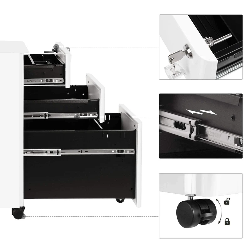 SONGMICS Aktenschrank mit 3 Schubladen, Rollcontainer, Stahl, abschließbar