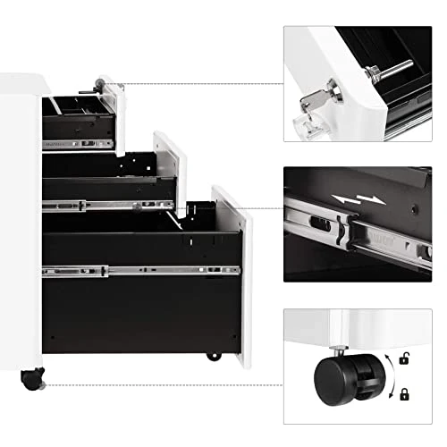 SONGMICS Aktenschrank mit 3 Schubladen, Rollcontainer, Stahl, abschließbar