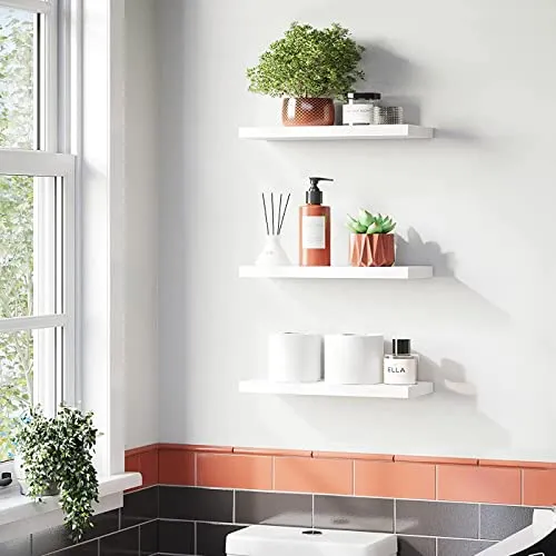 aimu Set mit 3 schwebenden Regalen, wandmontierte, schwebende Aufbewahrungsregale, weiße Wandhalterung, Regal-Sets, Holzwandregale für Dekoration und Präsentation, Wohnzimmer, Schlafzimmer und mehr.