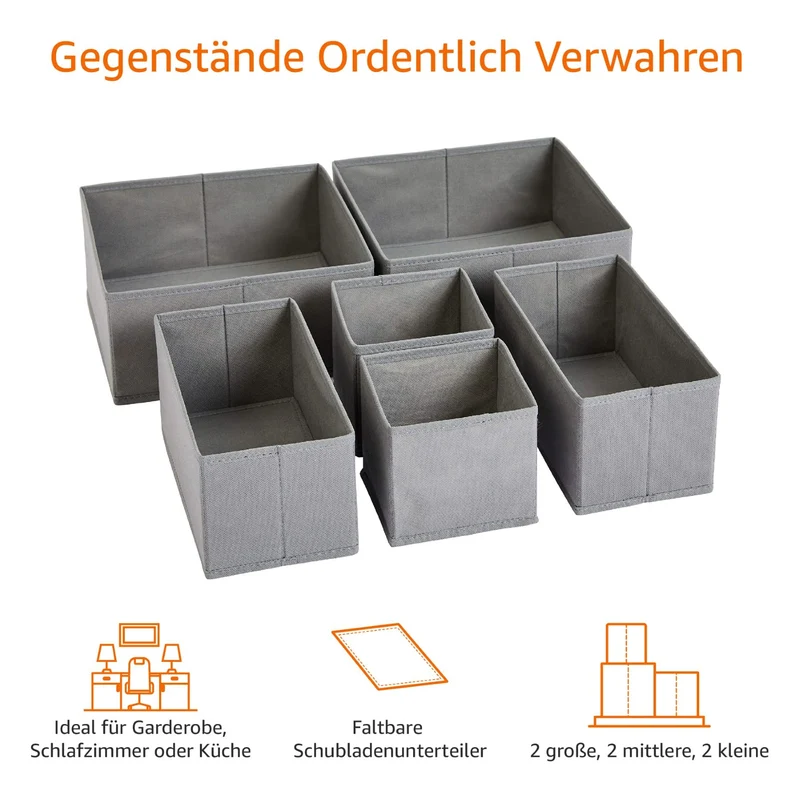 Amazon Basics Schubladen-Organizer/Ordnungssystem für Kleidung - Faltbar für Garderobe Schlafzimmer oder Küche, 6 Stück, Grau
