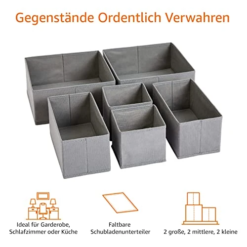 Amazon Basics Schubladen-Organizer/Ordnungssystem für Kleidung - Faltbar für Garderobe Schlafzimmer oder Küche, 6 Stück, Grau