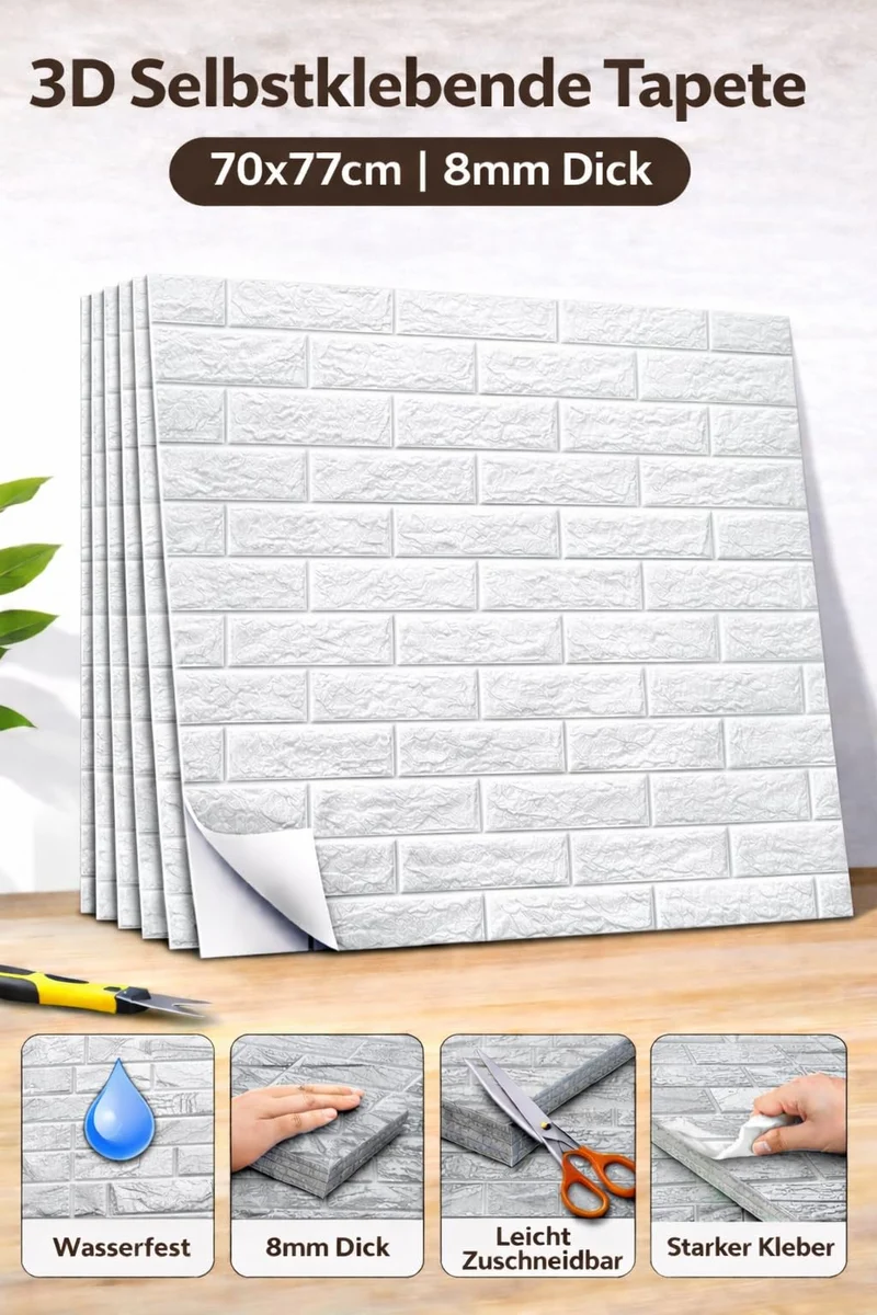 RHP 3D Tapete Wandpaneele Selbstklebend Ziegelstein Wasserdicht Wandaufkleber Tapete Wandpaneele selbstklebend Moderne Wandverkleidung in Steinoptik schnelle & leichte Montage (10 Stück, Weiß)