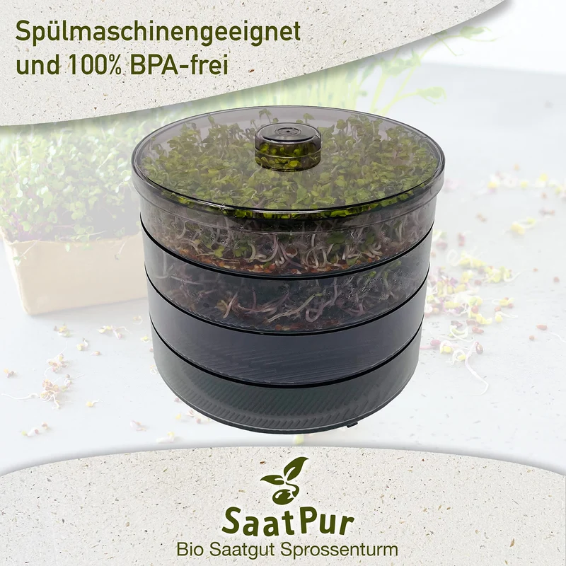 SaatPur® Keimsprossenbox Set 3 mit DREI Etagen als Sprossen Keimgerät: Sprossen Anzucht sowie Microgreens Anzuchtschalen. Keimbox, Keimschale, Qualität, Sprossenbox, Sprossenhaus, Keimgerät