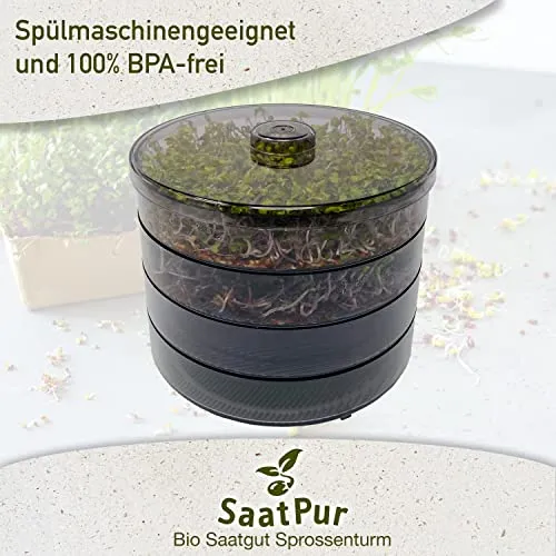SaatPur® Keimsprossenbox Set 3 mit DREI Etagen als Sprossen Keimgerät: Sprossen Anzucht sowie Microgreens Anzuchtschalen. Keimbox, Keimschale, Qualität, Sprossenbox, Sprossenhaus, Keimgerät