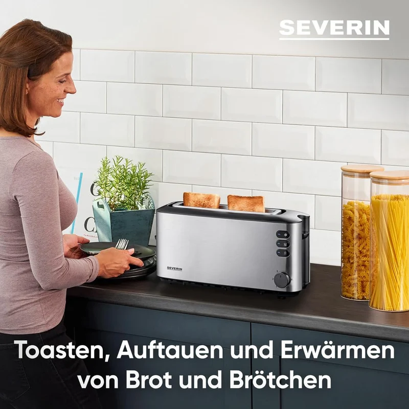 SEVERIN Automatik-Langschlitztoaster, Automatik-Toaster mit Brötchenaufsatz, aus Edelstahl, zum Toasten, Auftauen und Erwärmen, 1.000 W, Edelstahl-gebürstet/schwarz, AT 2515