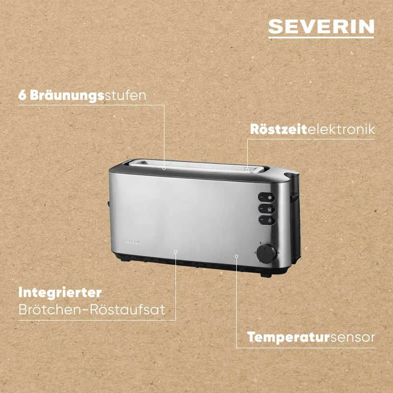 SEVERIN Automatik-Langschlitztoaster, Automatik-Toaster mit Brötchenaufsatz, aus Edelstahl, zum Toasten, Auftauen und Erwärmen, 1.000 W, Edelstahl-gebürstet/schwarz, AT 2515