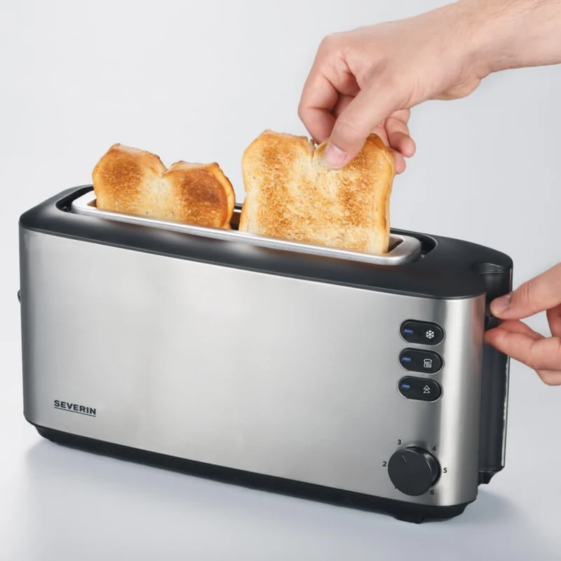 SEVERIN Automatik-Langschlitztoaster, Automatik-Toaster mit Brötchenaufsatz, aus Edelstahl, zum Toasten, Auftauen und Erwärmen, 1.000 W, Edelstahl-gebürstet/schwarz, AT 2515