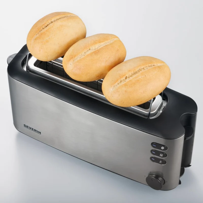 SEVERIN Automatik-Langschlitztoaster, Automatik-Toaster mit Brötchenaufsatz, aus Edelstahl, zum Toasten, Auftauen und Erwärmen, 1.000 W, Edelstahl-gebürstet/schwarz, AT 2515